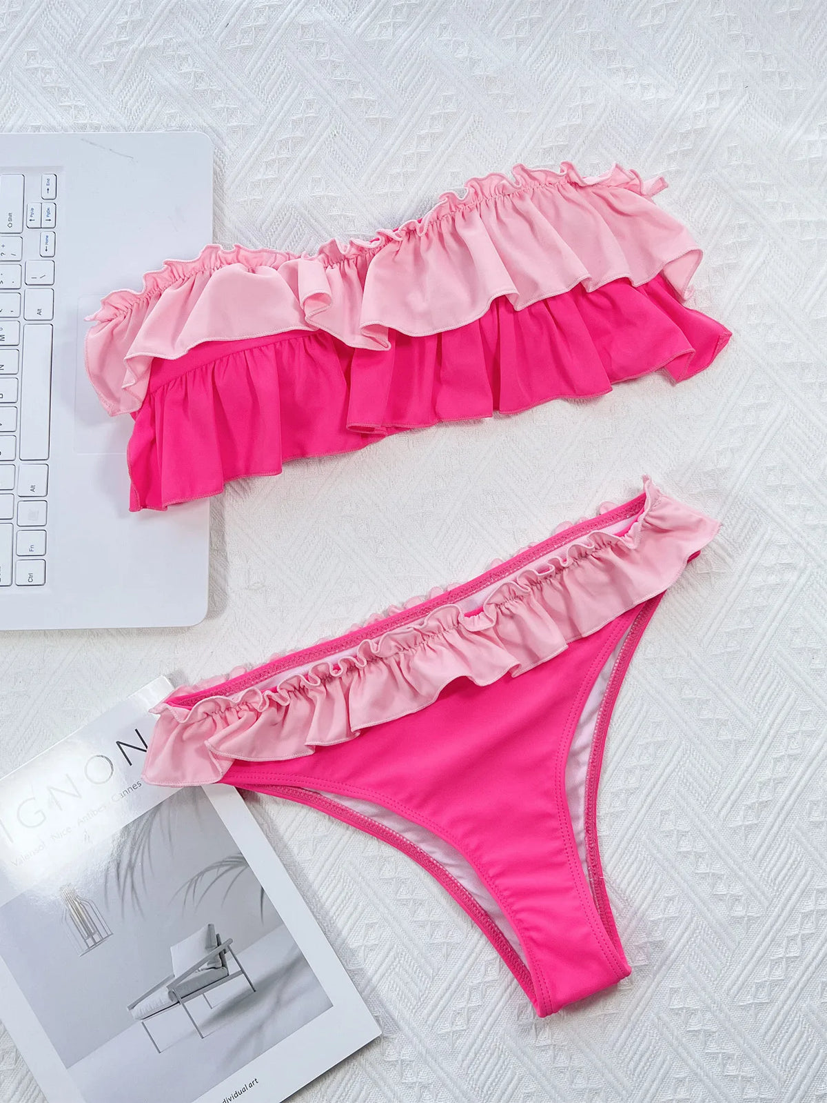 Ruffle Block Color Bikini Set Women 2026 Sexy Strapless Off-Shoulder Swimsuit Sexy High Waist Backless Bathing Suit Beachwear