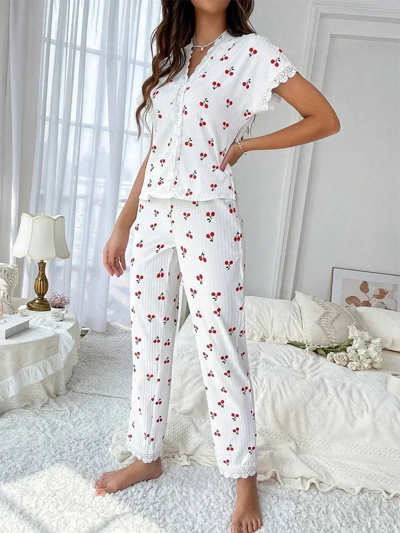 Lace Trim Cherry Print 2 Pieces Pajama Set for Women Sleepwear Short Sleeve Top & Full-Length Pants Nightwear Homewear