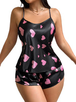 Summer Women Heart Print Satin Pajama Set Halter Round Neck Camisole Top Short Pants 2 Piece Casual Comfortable Ladies Sleepwear