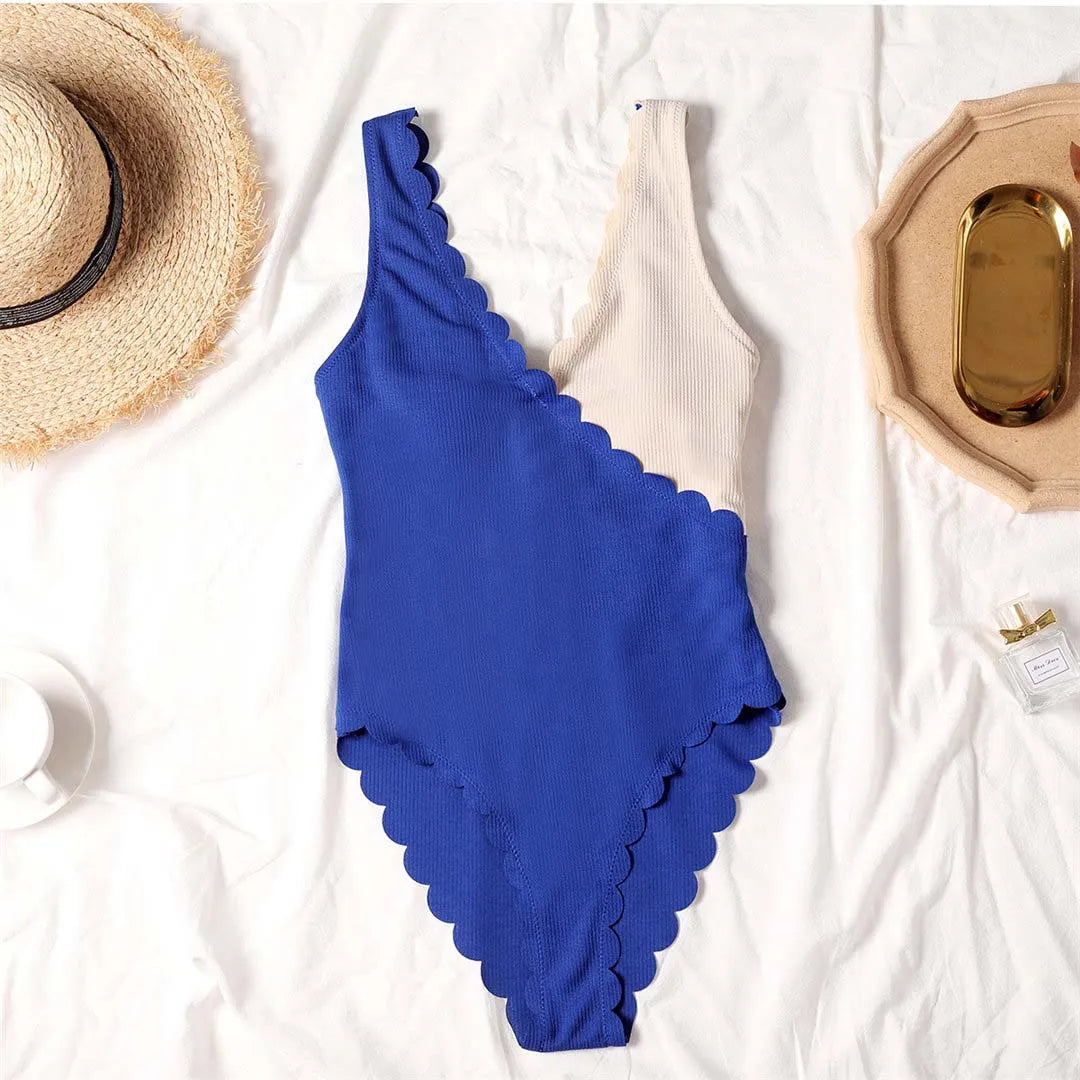 New Sexy Scalloped Splicing High Cut One Piece Swimsuit Women Swimwear Female Ribbed Bather Bathing Suit Swim Lady V2425