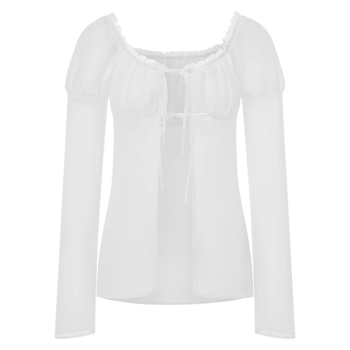 Spring Summer Women Solid Color Split Tie Front Tops See Through Frill Trim Square Neck Long Puff Sleeve Mesh Shirts