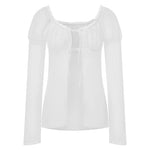 Spring Summer Women Solid Color Split Tie Front Tops See Through Frill Trim Square Neck Long Puff Sleeve Mesh Shirts