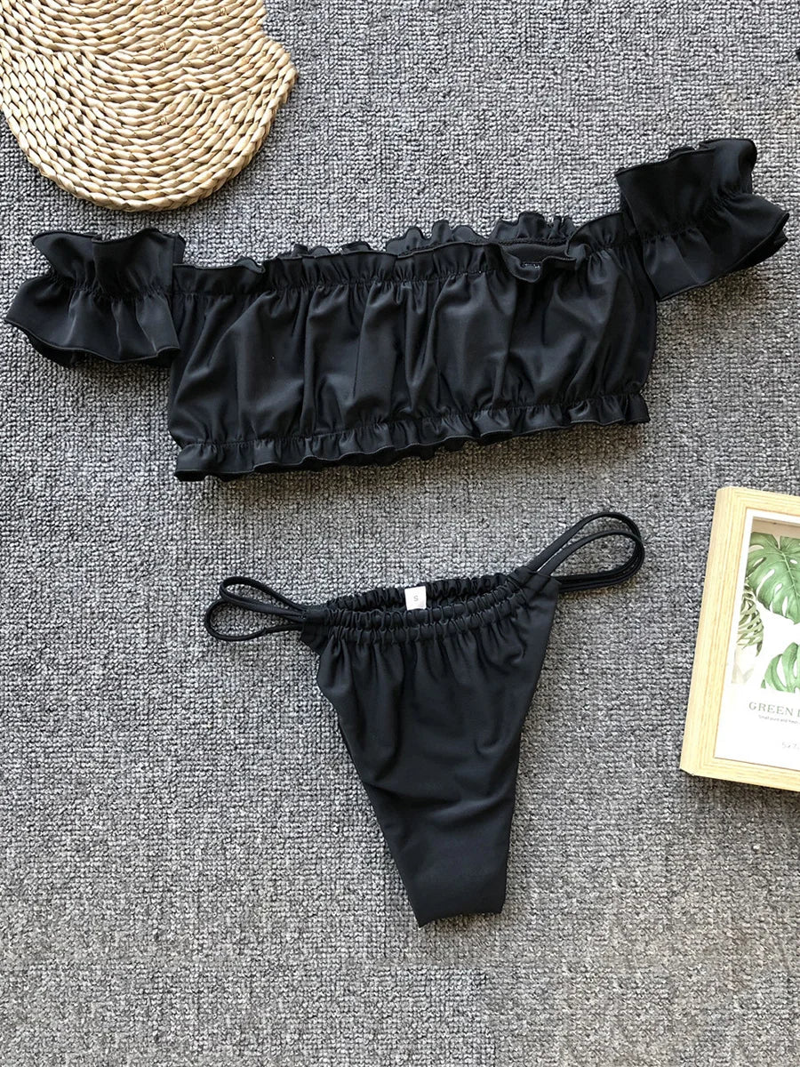 Cherry Print Off Shoulder Bikini 2025 High Cut Swimsuit Women Female Brazilian Swimwear Two pieces Bikini set Bathing Suit Swim