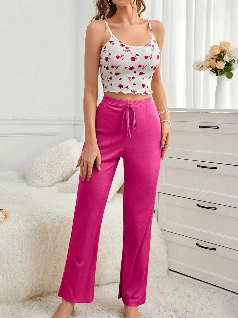 Ladies' Sexy Floral Print Pajama Set Soft Spaghetti Strap Top With And Elastic Pants For Comfortable Sleepwear and Loungewear