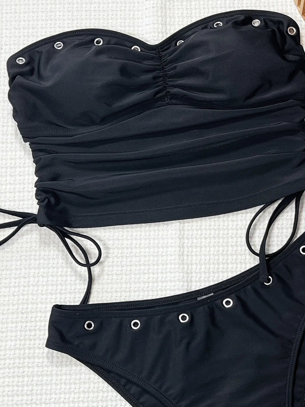 Vintage Bandeau Bikini Set Women Black Drawstring Side Push Up Top Two Piece Swimsuit 2026 Summer Holiday Bathing Suit Swimwear