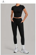 Women Tracksuit Yoga Sets Short Sleeve Slim Sports T Shirts Workout Clothes Outdoor Tight High Waist Pocket Pants Fitness Suits