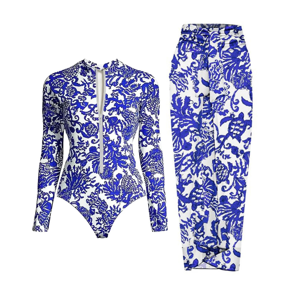 Black And Printed Long Sleeve Swimsuit With Cover Up Sexy Swimwear Women Surf Swim Suit Slimming Bathingsuit Bodysuit Beachwear