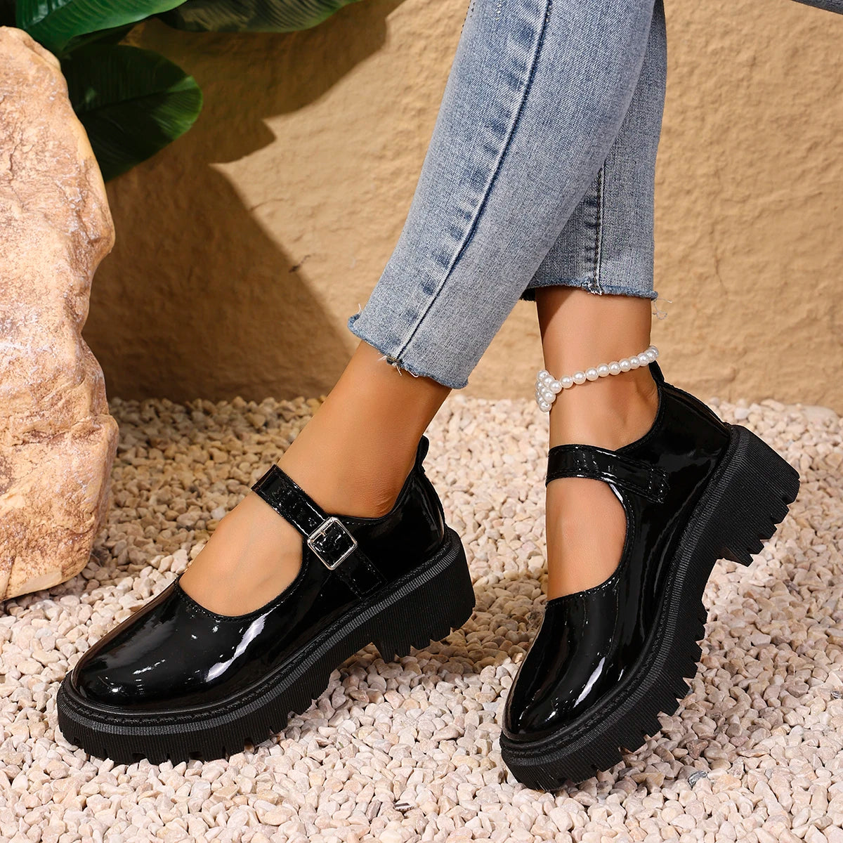Women Buckle Strap Mary Janes Faux Patent Leather Lug‑Sole Round‑Toe Sweet Preppy JK Platform Casual Daily Shoes