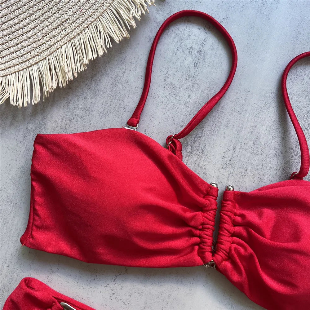Brown Shiny U Shaped Bikini High Waist Sexy Swimsuit Women 2026 Wrinkled Solid Swimwears Bathing Suit Bandeau Bikinis Sets Mujer