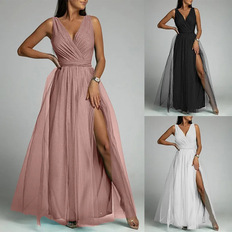 Elegant Solid Color Fine Sparkle Party Dresses Women Temperament V-neck Leace-up Mesh Slit Long Dress Evening Vestidos Female