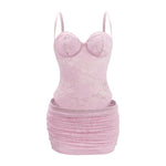 Sexy Women Pink Lace 2 Pieces Set Spaghetti Strap Bodysuit and Ruched Bodyon Mini Skirt Sweetheart Neck Club Party Daily Outwear