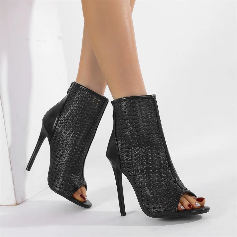 Big Size 42 Sexy Black Hollow Out Summer Boots Women Chic Peep Toe Thin High Heels Zip-up Ankle Boots Party Shoes