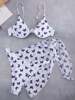 Butterfly Print Underwired V-Bar Bikini Women Swimsuit Female Swimwear Three-pieces Bikini Set Push Up Bathing Suit Beach Sarong