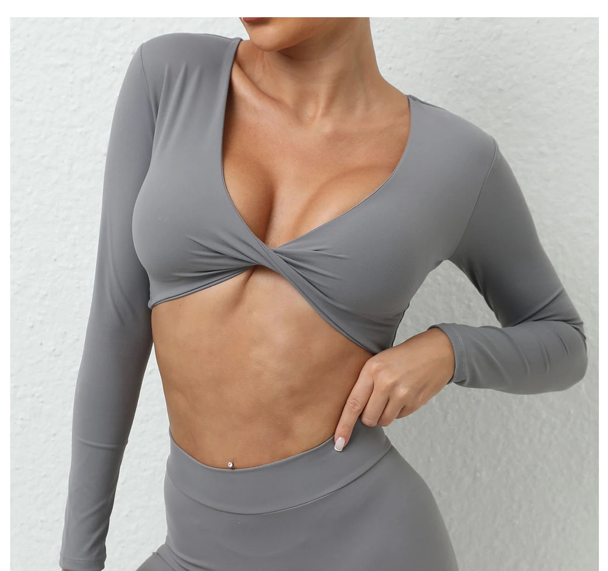 Long Sleeve Gym Crop Tops for Women Twist Deep V Workout Quick Dry Padded Sports Fitness Yoga T-Shirt