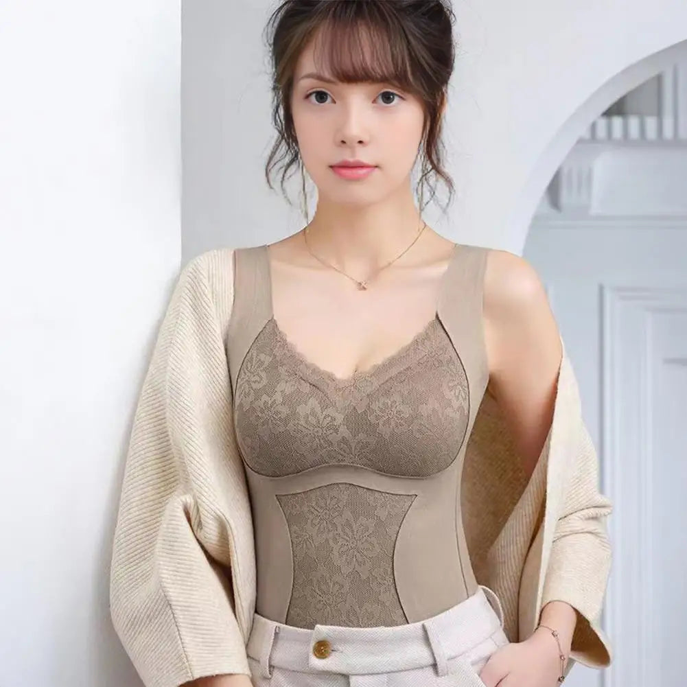 Warm Camisole Undershirts Sleeveless Thermal Tank Top for Women Fleece Lined Lace V Neck Base Layer with Built in Bra