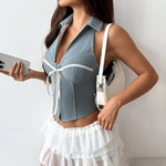 Sexy Gray Striped Turn Down Collar Camisole Women V Neck Front Tie Slim Fit Fishbone Tank Top Back Bandage Cross Club Party Vest