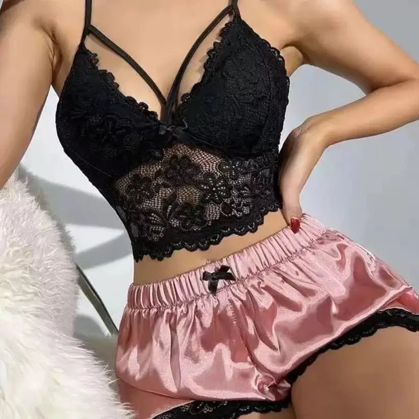 European and American new suspender lace vest top satin shorts sex underwear pajamas loungewear two-piece set women