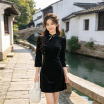 Black New Chinese Style Improved Qipao Dress Long Sleeve Short Cheongsam Retro Elegant Women Dress for Party Banquet Daily