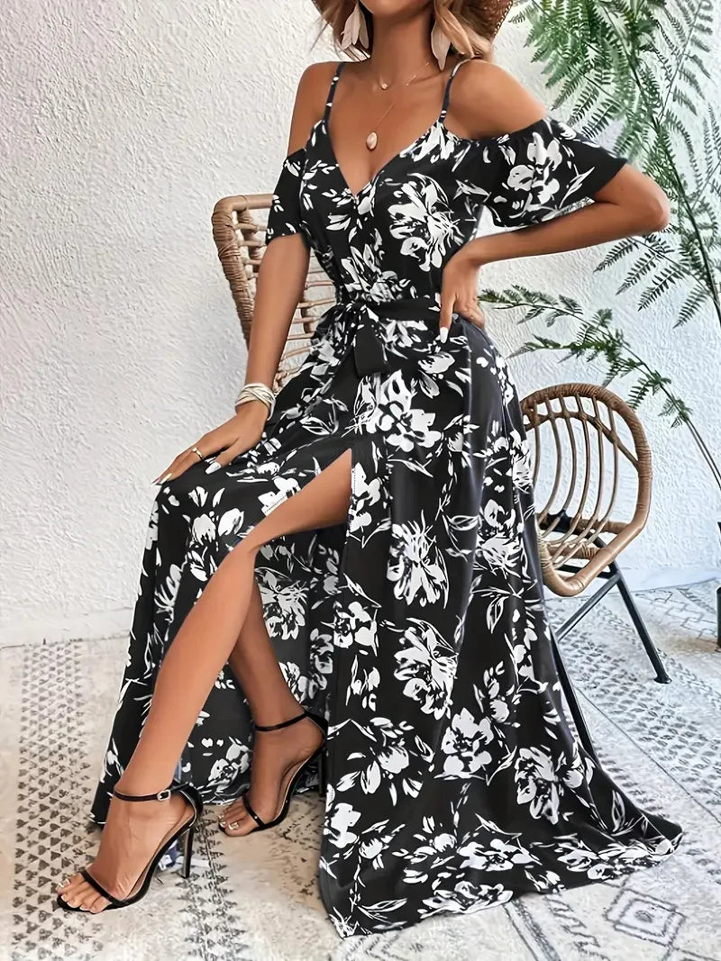 New Summer Women Print Dress 2025 Fashion ElegantVacation Party Short Sleeve Slim V-neck Slit Long Dresses Vestidos Para Mujer