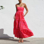 Women's Striped Print Dress Sleeveless Spaghetti Strap Square Neck Tiered Long Dress for Holiday Casual Boho Sundress