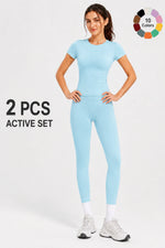 Ladies Sportswear Set (Short Sleeve Top + Long Pants) Fitness Gym Workout Clothing Running Yoga Ensemble