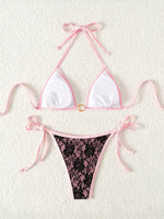 Embroidery Mesh Lace Halter High Cut Bikini Female Swimsuit Women Swimwear Two-pieces Bikini Set Bather Bathing Suit Swim Beach