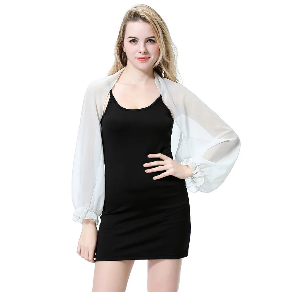 Women's Chiffon Puff Sleeve Cropped Shrug Sheer Open Front Bolero Cardigan Party Wedding Top Summer Beach Cover Ups Arm Sleeves