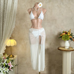 Sexy Black Mesh Long Skirt 3 Piece Bikini Set Women White Metal Ring Linked Push Up Bra Swimsuit Holiday Bathing Suits Swimwear