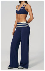 Fake Two-piece Sports Bra Yoga Sets Women Coffee Striped Patchwork Folding High Waist Wide Leg Pants Gym Running Fitness Suits