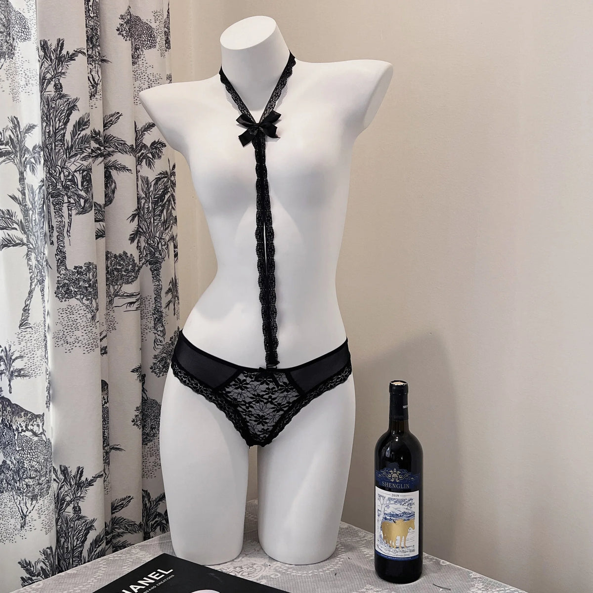 Hanging Neck Detachable Sexy Lace Women's Underpants Sweet Bow Hollow Out Mesh Panties Metal Ring Cotton Crotch Briefs Lingerie
