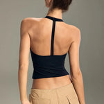Women's Summer V-Neck Yoga Sports Vest Hanging Back Neck Design Outdoor Running Training Gathered Fit Active Wear Top