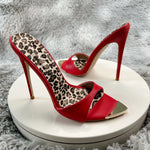Red matte Leopard Base Slippers Pointed Toe Thin High Heels Women's Shoes Summer Casual Sexy Slip On Party One Word Belt Slipper