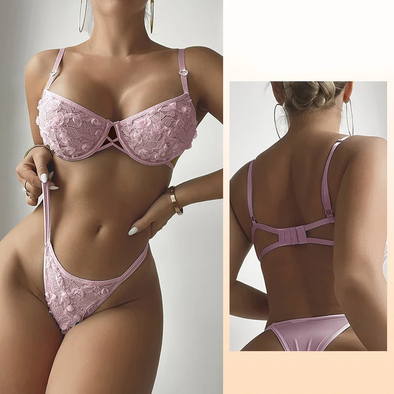 Women's 3D Floral Lace Lingerie Set Push Up Underwire Bra Panty Hollow Detail Sexy Blue Romantic Intimate Underwear Daily Wear