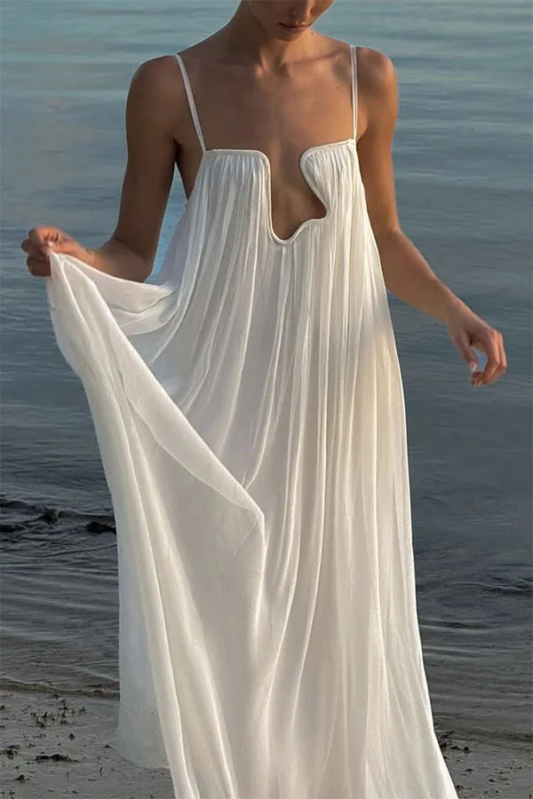 Women's White Spaghetti Strap Long Dress Fashion Solid Color Vacation Style Irregular Neck Backless Dresses Sexy Beach Vestidos