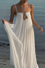 Women's White Spaghetti Strap Long Dress Fashion Solid Color Vacation Style Irregular Neck Backless Dresses Sexy Beach Vestidos
