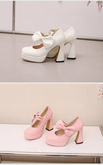 Plus Size Women's Bow Mary Janes Platform Chunky Heels Ankle Strap High Heel Pumps Sweet Lolita Party Dress Shoes