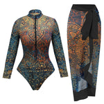 Vintage Leaves Print SPF Sunscreen Pants Swimwear Sets Women Long Sleeve Zipper Bathing Suit Sun Protect One Piece Swimsuit 2026