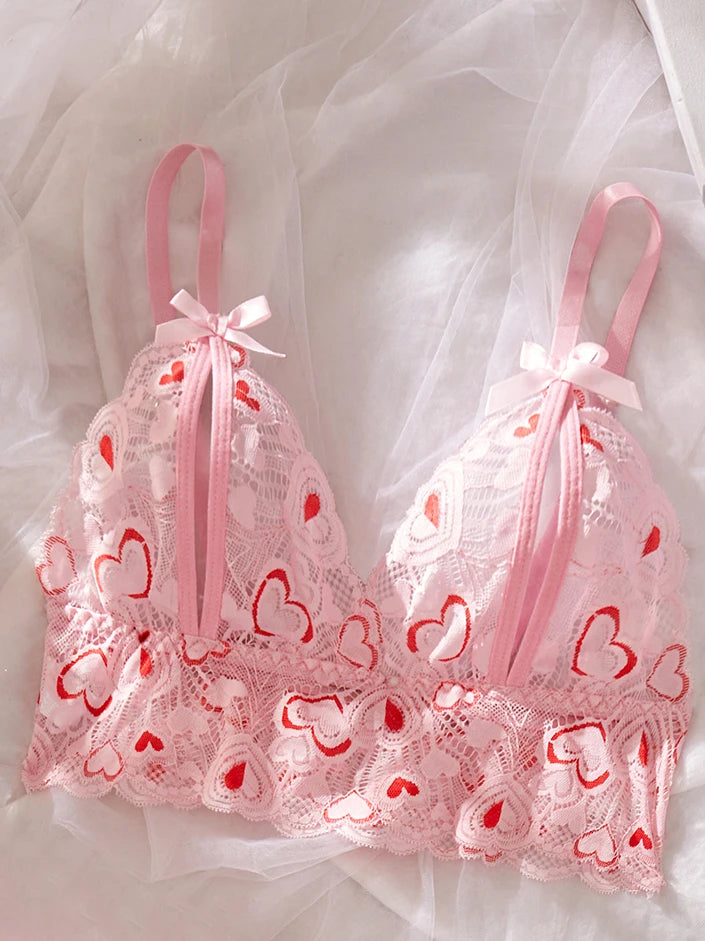 Women's Sexy Lace Open Bra Suit Solid Set Beautiful Back Hollow Out No Steel Ring Underwear Transparent Heart Pullover Outfit