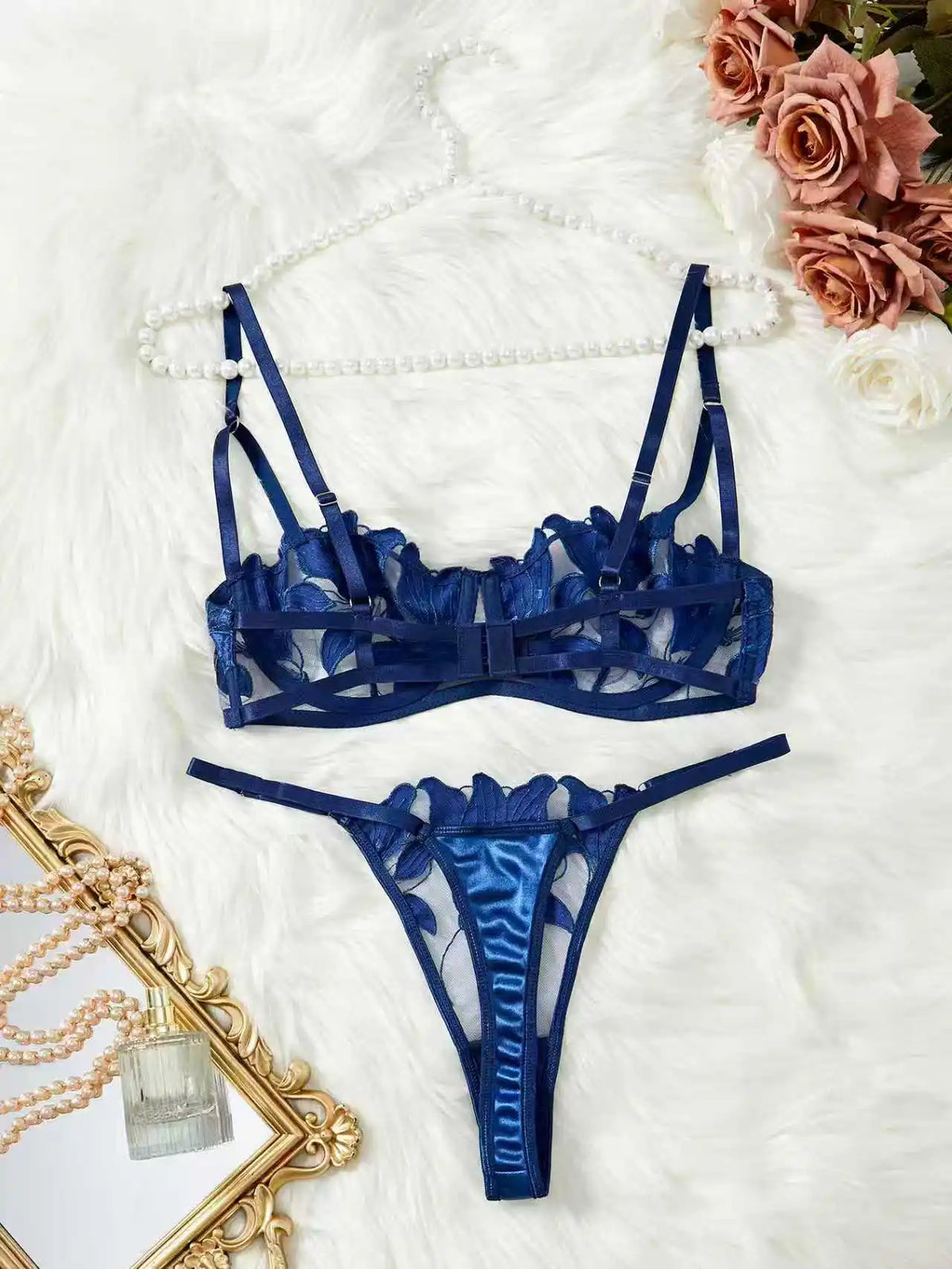 Floral Embroidery Sexy Lingerie Set Women Transparent Bralette Underwire Push Up Bra Panty 2 Piece Set