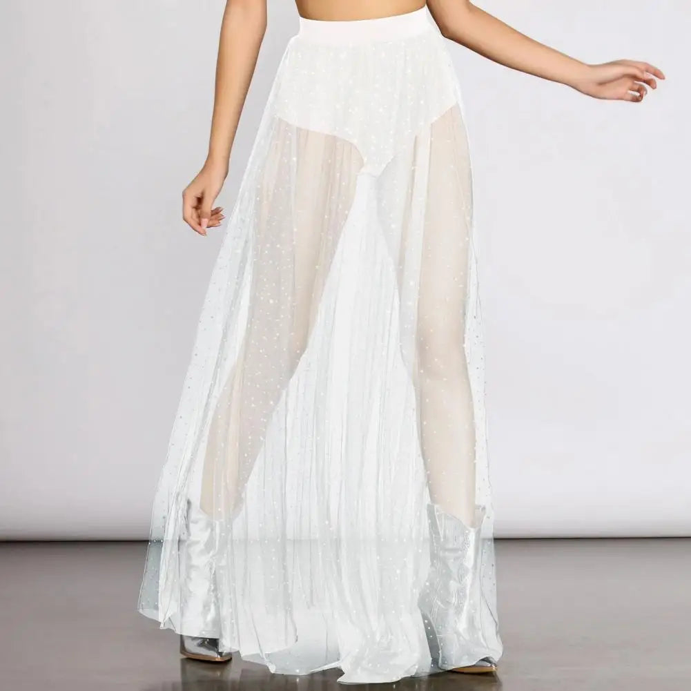 High Waist Pleated Lace Mesh Yarn Skirt Sexy Perspective Skirt Elastic Shiny Rhinestones Decor Maxi Skirt Nightclub Daily Wear