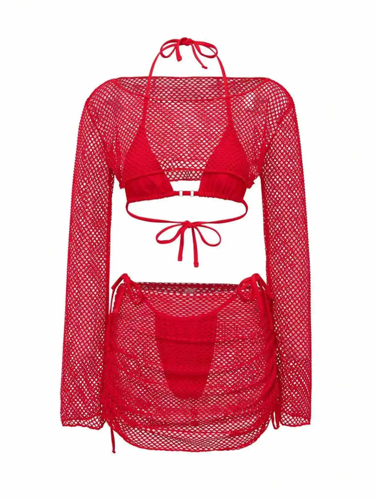 Red 4 Piece Bikini Set 2026 Women Long Sleeve Cover Up Drawstring Skirt 4 Piece Swimsuit Beach Bathing Suit Holiday Swimwear