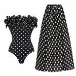 Black Dot Print One Piece Swimsuit Pleate Long Skirt Set 2026 Women Vintage Bandeau Ruffle Push Up Bathing Suit Holiday Swimwear