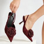 Big Size 43 Elegant Flower Burgundy Slingback Sandals Mules Summer Sexy Pointy Toe Thin High Heels Sandals Shoes Women