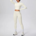 New Women Yoga Set Solid Color Double-Sided Brushed Bare Feel Short Long-Sleeve Jacket Tight Pants Running Fitness 2-Piece Set