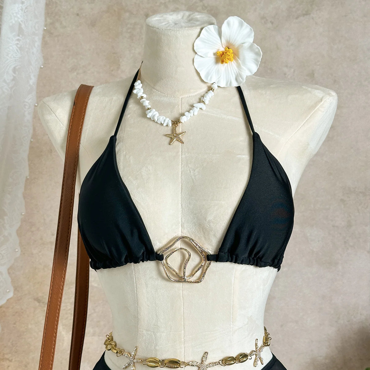 Sexy Black Mesh Long Skirt 3 Piece Bikini Set Women White Metal Ring Linked Push Up Bra Swimsuit Holiday Bathing Suits Swimwear