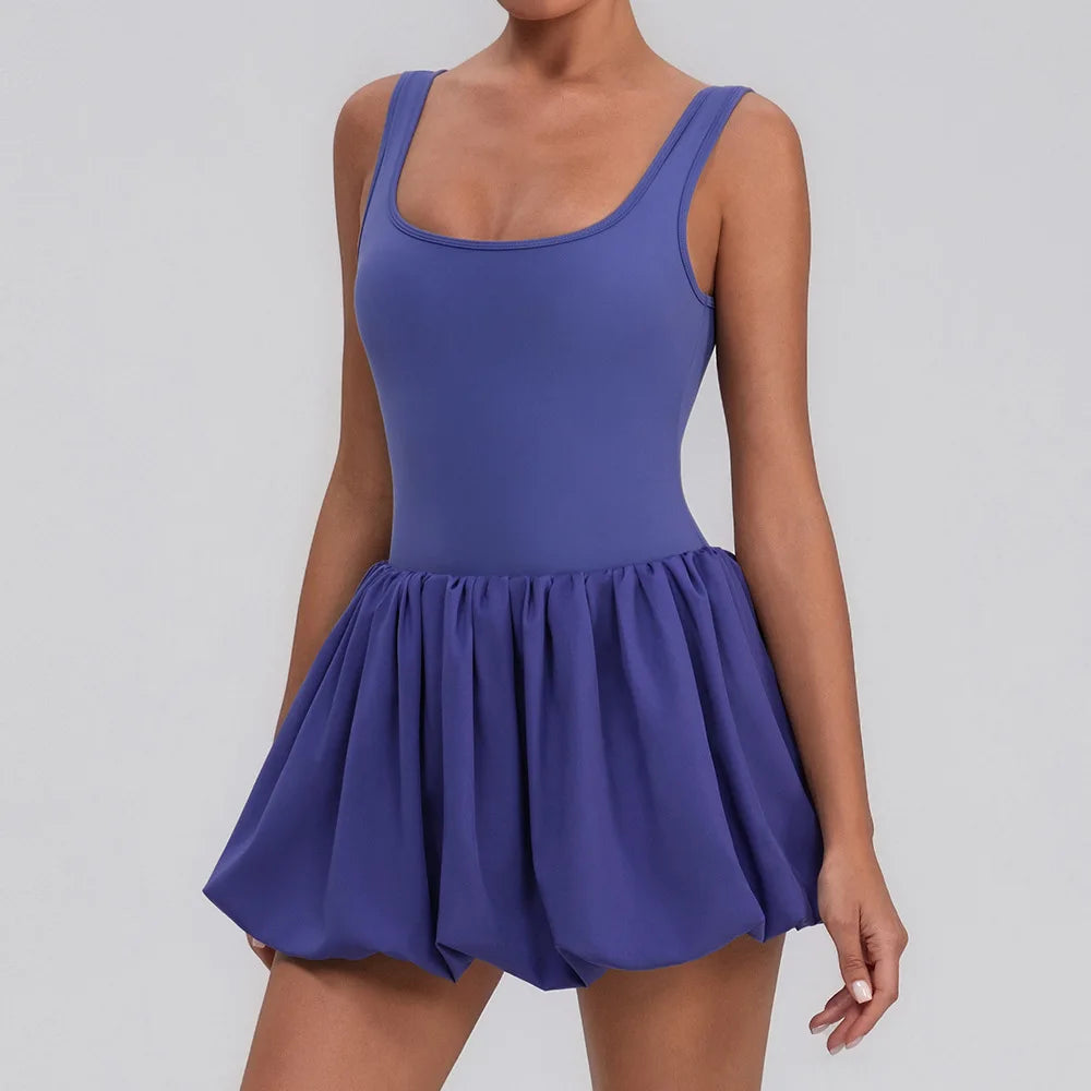Summer One-piece Tennis Dress Women Fitness Fake Two-piece with Inner Separate Shorts Pockets Sleevesless Sports Pleated Skirt