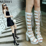 2026 New Women Open Toe Cross-tied Knee Boots Summer Platform Sandal High Heel Pumps Lace Up Female Motorcycle Booties White 43