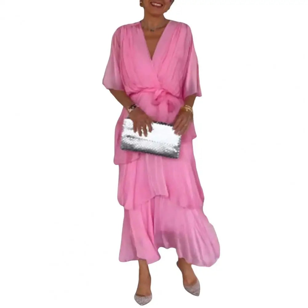 Women's Flowy Chiffon Wedding Guest Dress Ruffle Half Sleeve Empire Waist Ruched Wrap Dress V Neck Tiered Swing Dresses