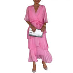 Women's Flowy Chiffon Wedding Guest Dress Ruffle Half Sleeve Empire Waist Ruched Wrap Dress V Neck Tiered Swing Dresses