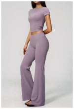 Creamy 2 Pieces Workout Suit Women Yoga Outfits Short Sleeve O Neck Slim Sports T Shirts High Waist Flare Pants Gym Fitness Sets